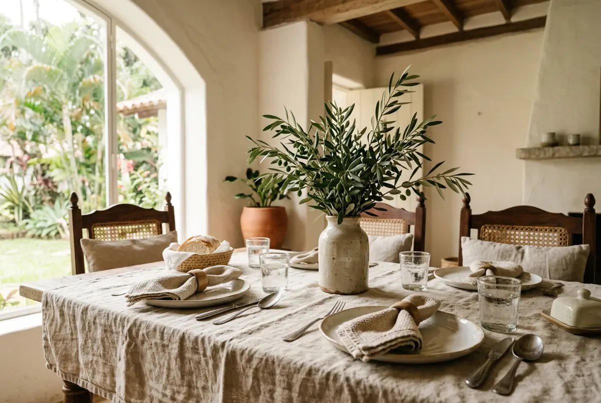 Mesa com toalha de linho, louça de cerâmica e ramos verdes